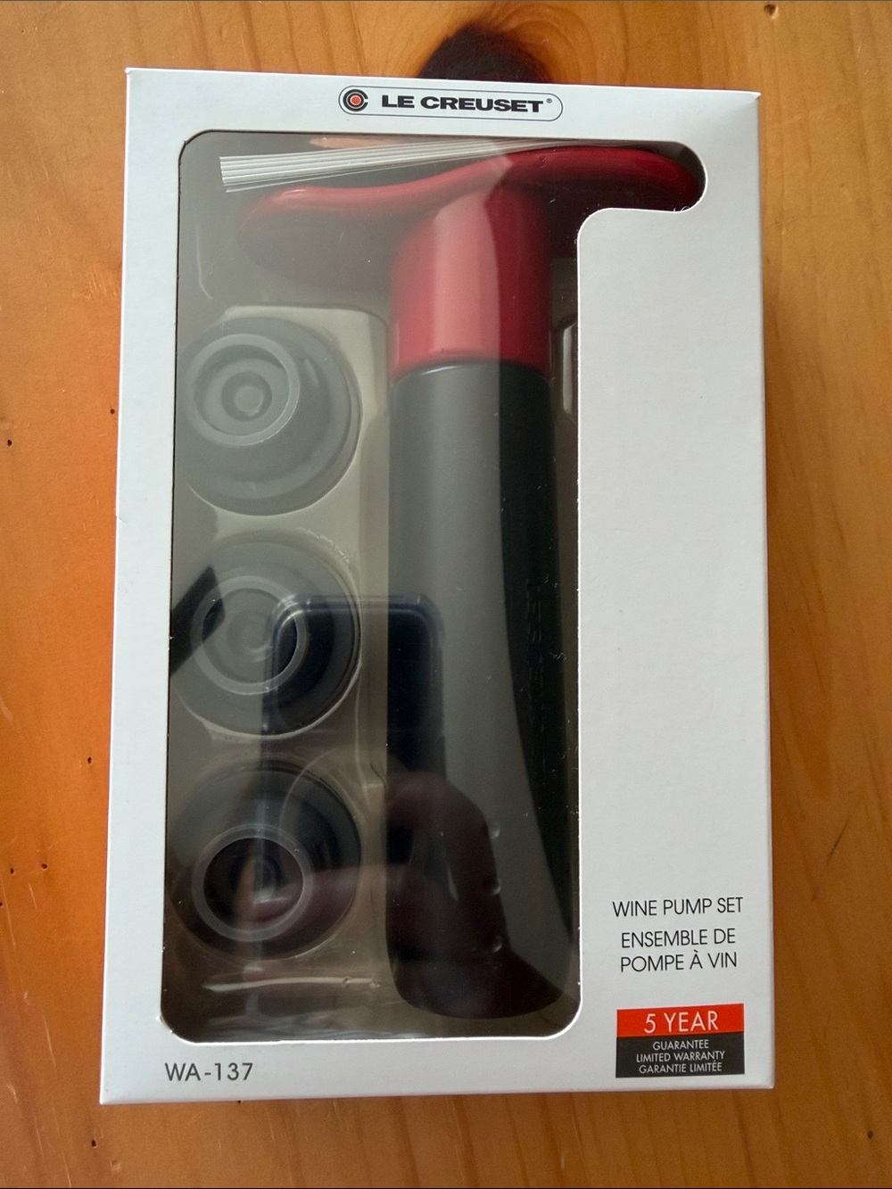 Le Creuset Red and Black Wine Pump Set with Stoppers New in the box!